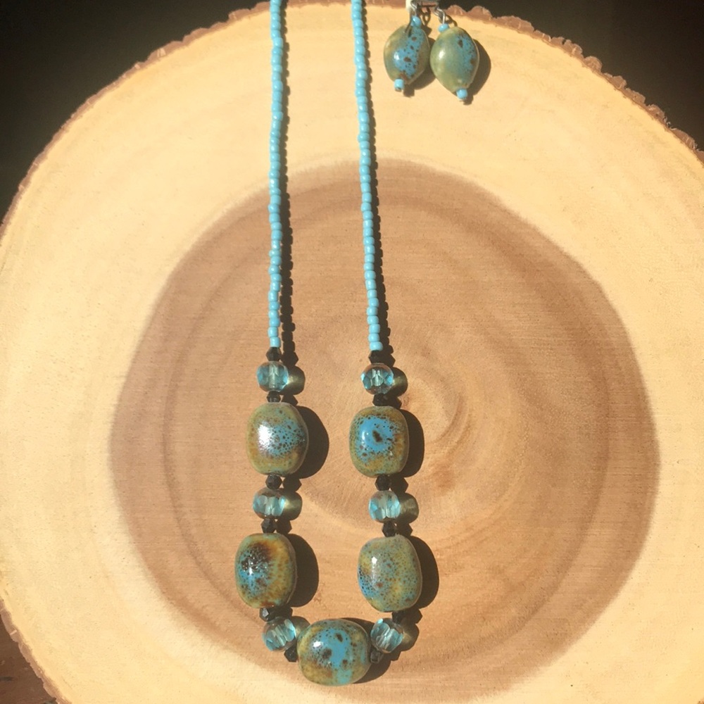 Ceramic & Turquoise Bead Necklace & Drop Earrings Set